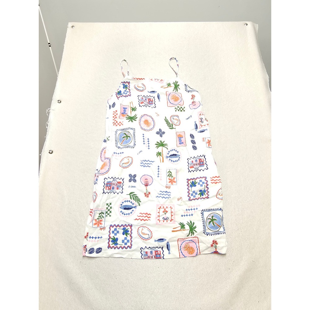 Monteau Los Angeles Linen Blend Novelty Print Sun Dress White Large NWT